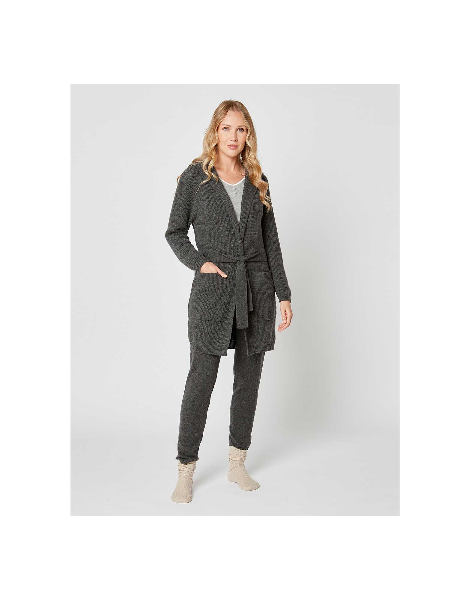 Cashmere bathrobe with shawl collar and soft hood in slate grey - Lingerie le Chat