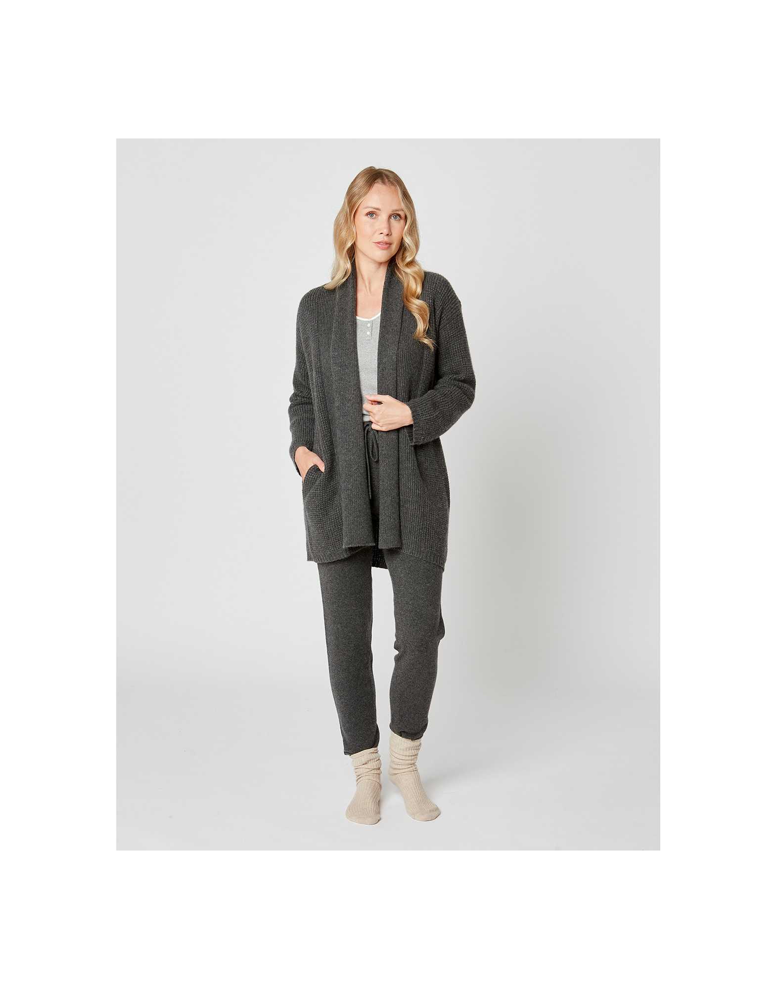 Cashmere shawl-collar jacket CACHE 007 in slate grey - Lingerie le Chat