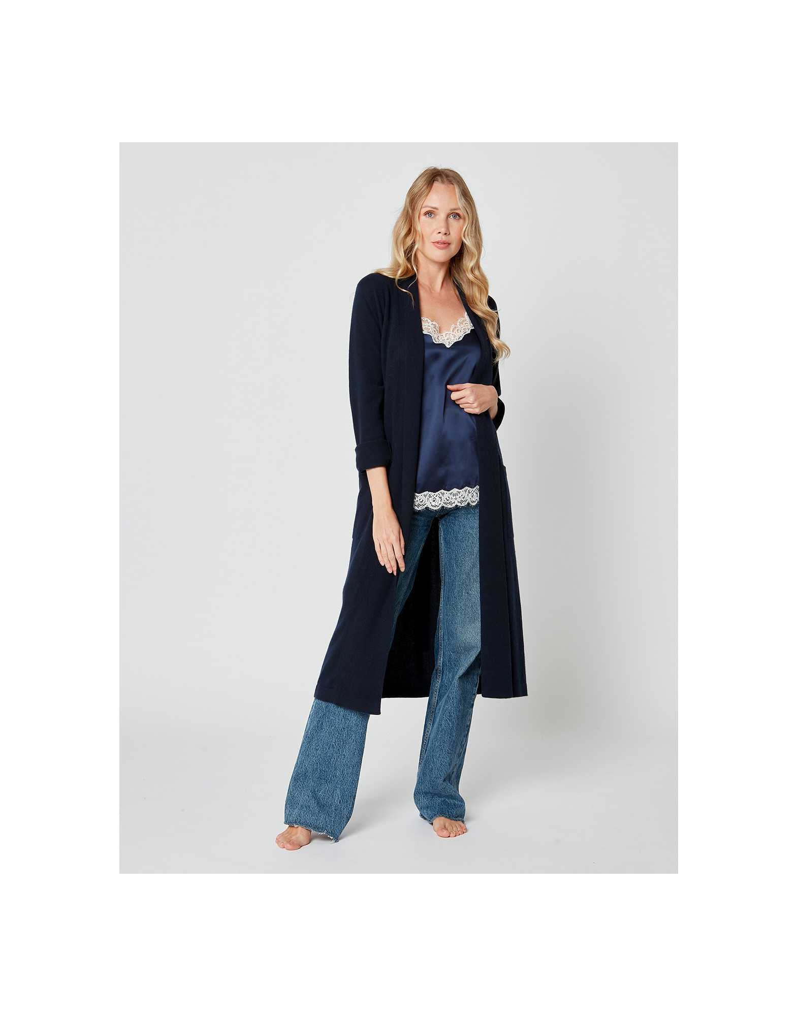 Cashmere bathrobe in navy blue  - Lingerie le Chat