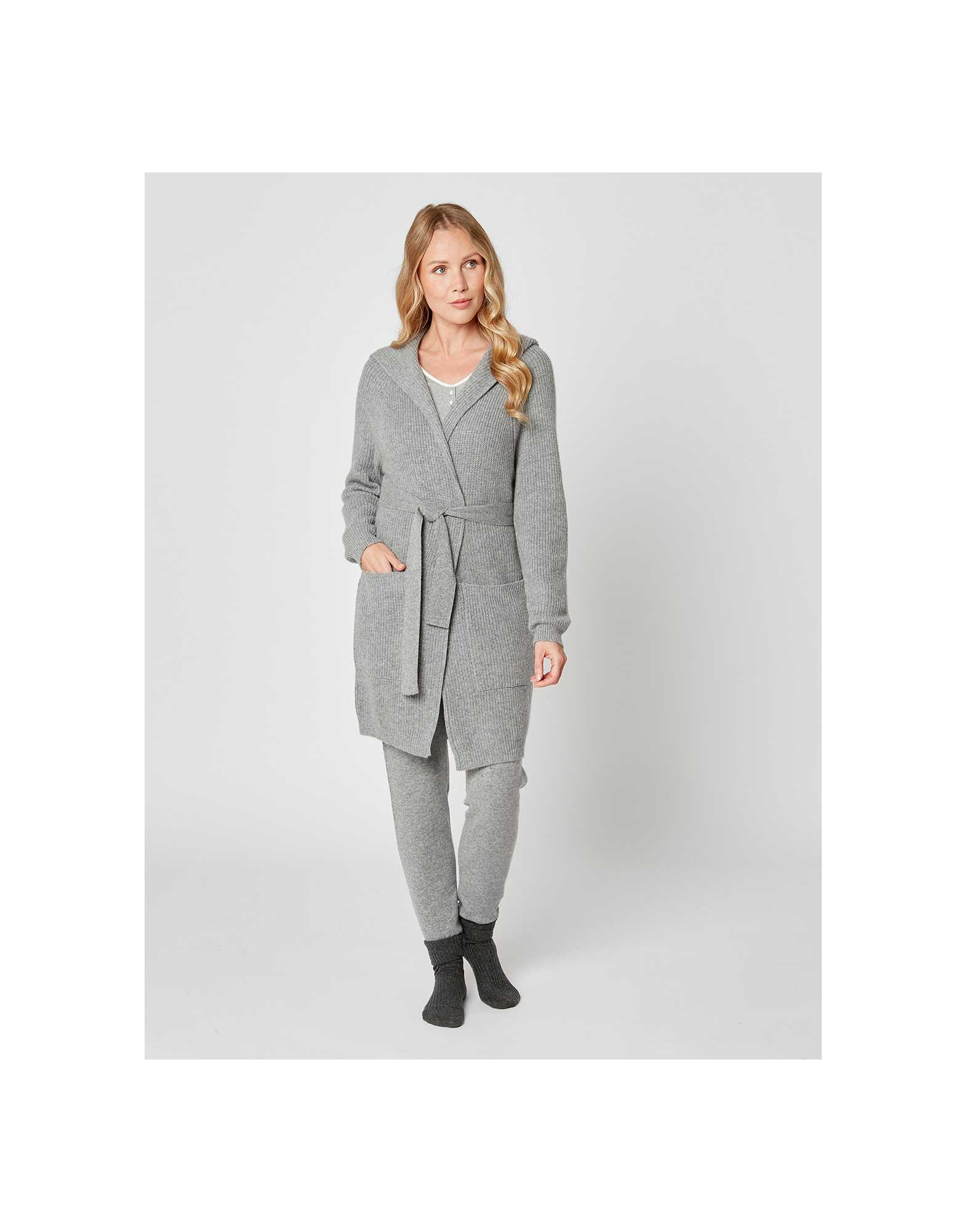 Cashmere bathrobe with shawl collar and soft hood in grey fleck - Lingerie le Chat