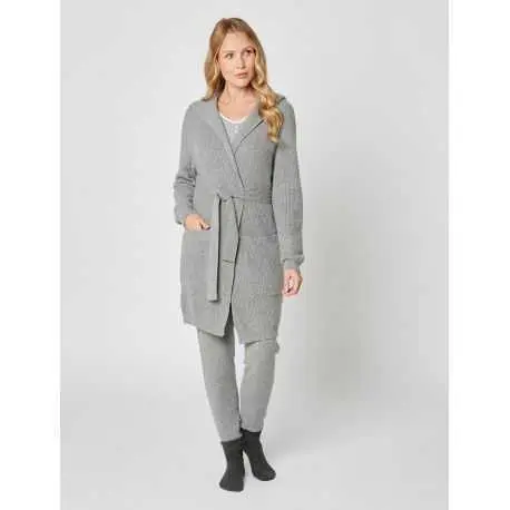 Cashmere bathrobe with shawl collar and soft hood in grey fleck - Lingerie le Chat