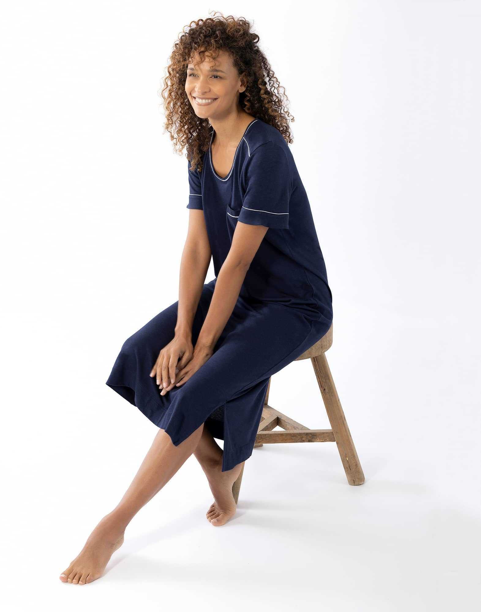 Short-sleeved cotton-modal nightshirt LES INTEMPORELLES A11 navy blue