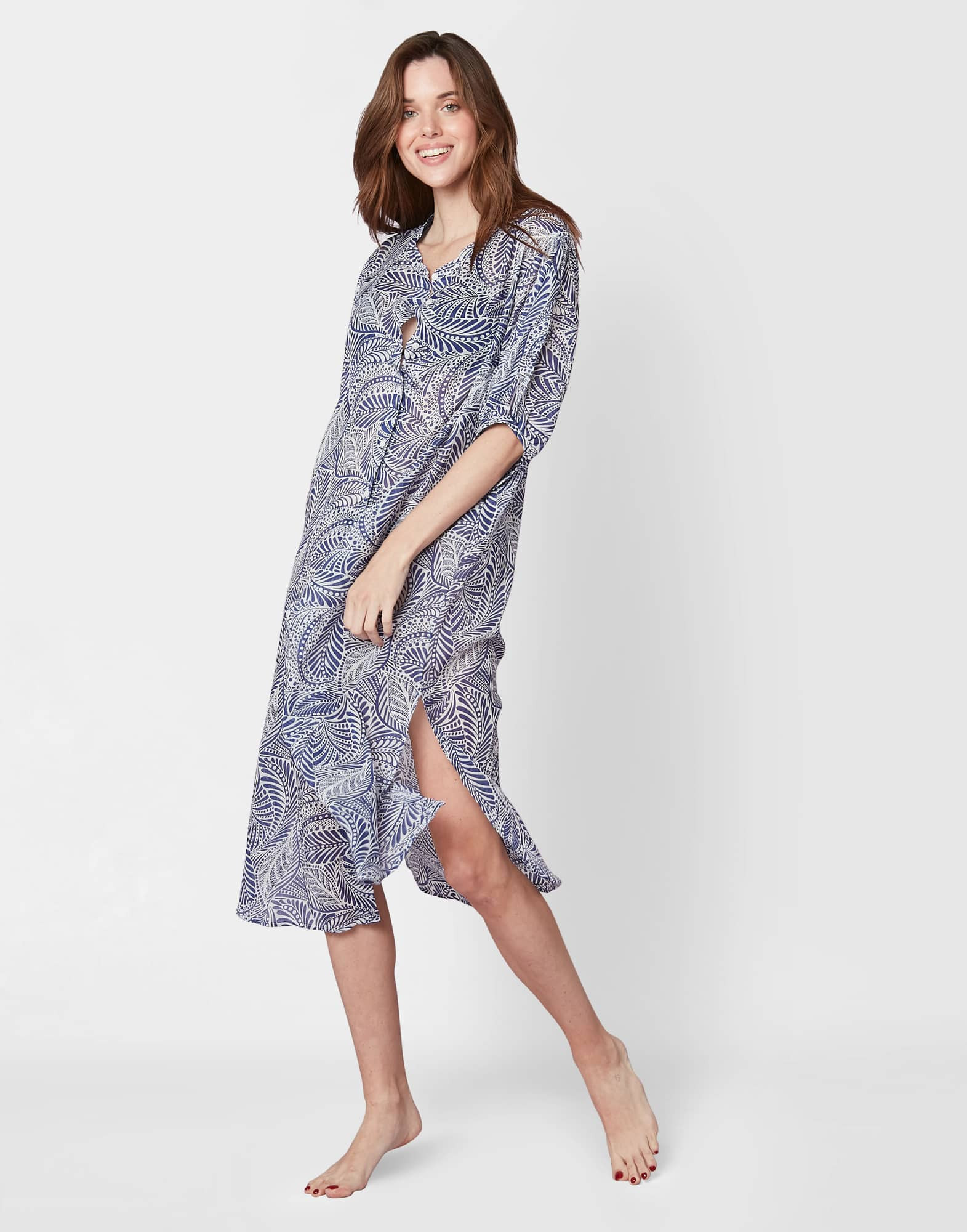 Shirt-style dress in patterned cotton voile PALM SPRINGS 505 blue
