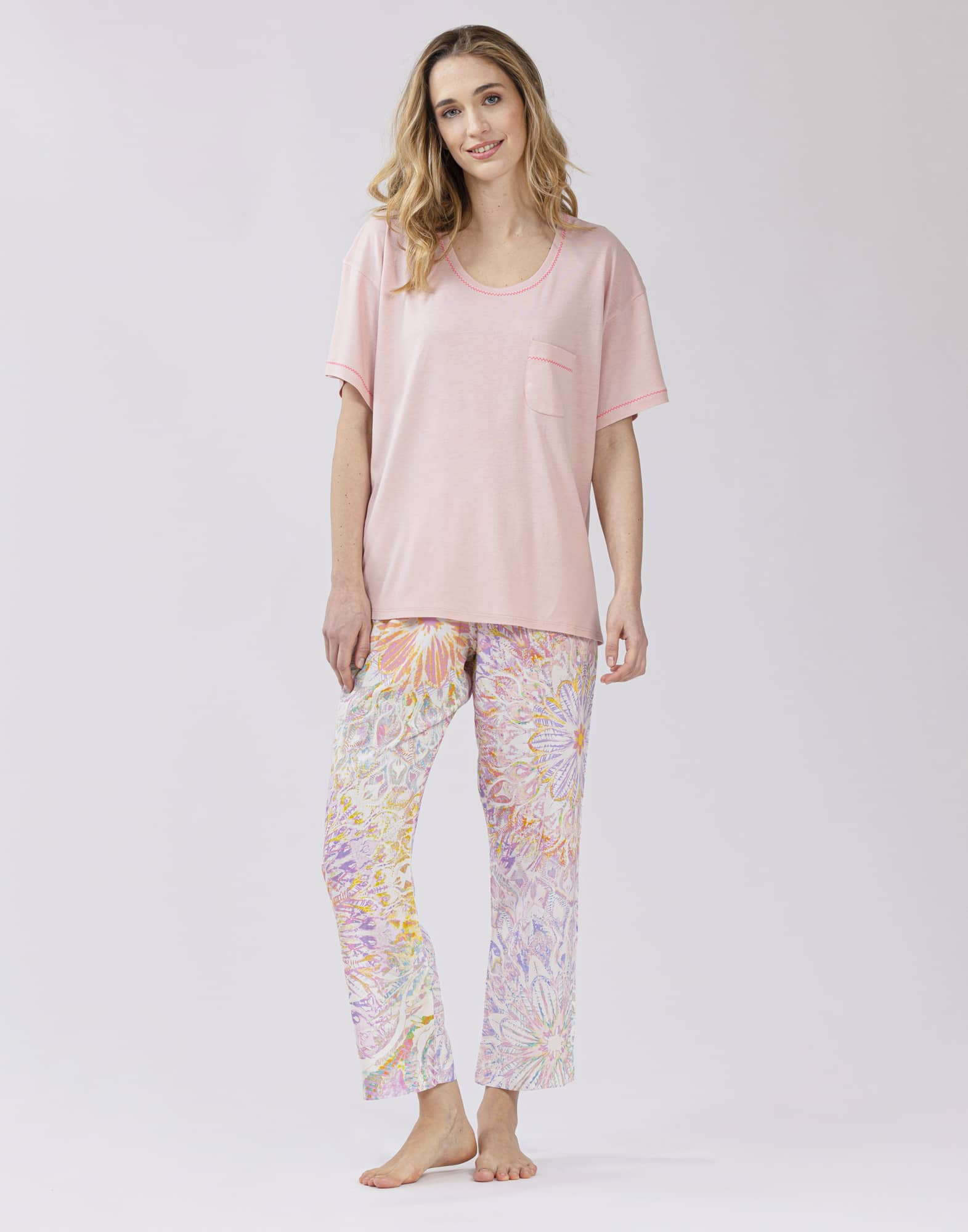Cropped cotton-modal and viscose pyjamas FANCY 502 in rose