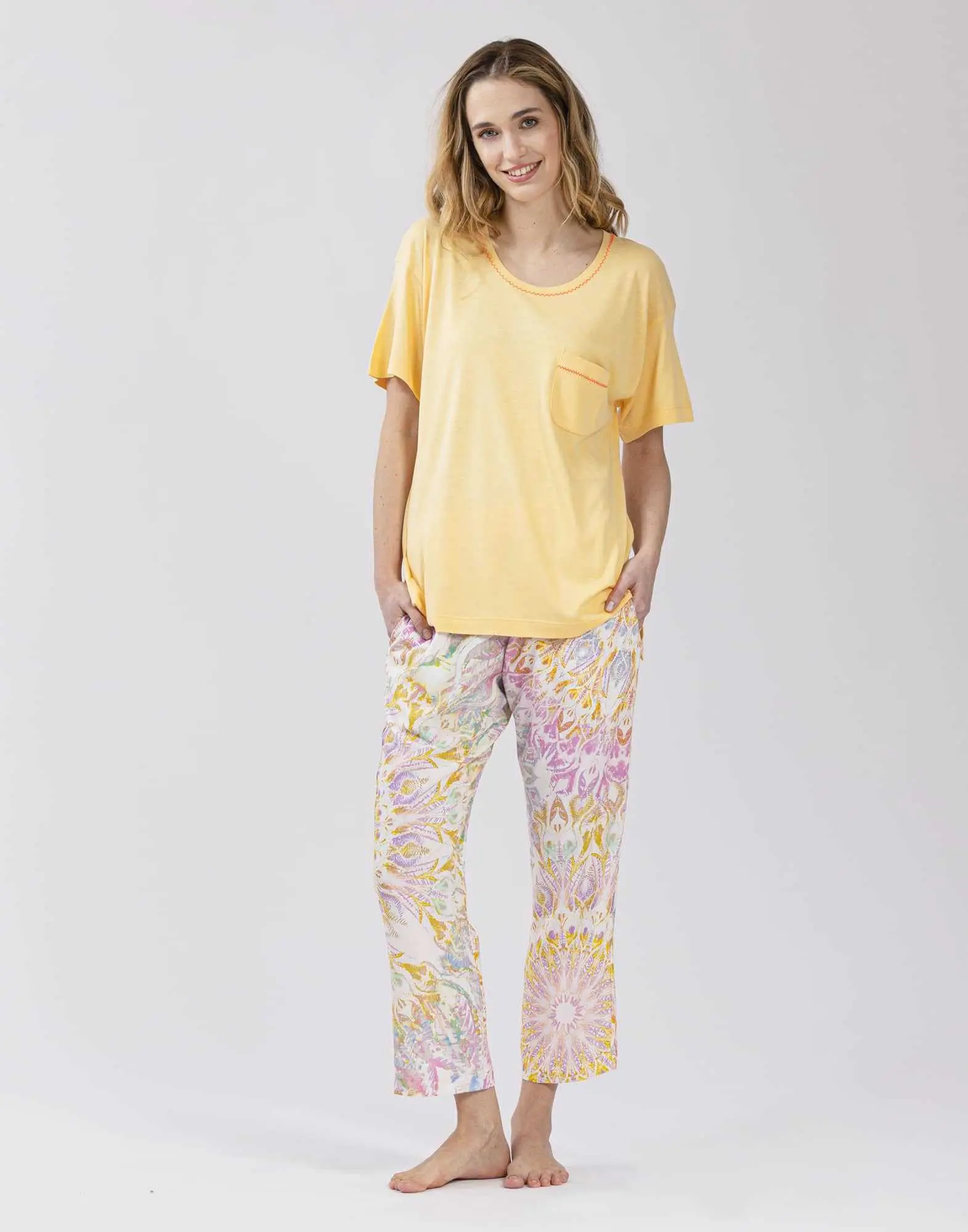 Cropped cotton-modal and viscose pyjamas FANCY 502 in honey