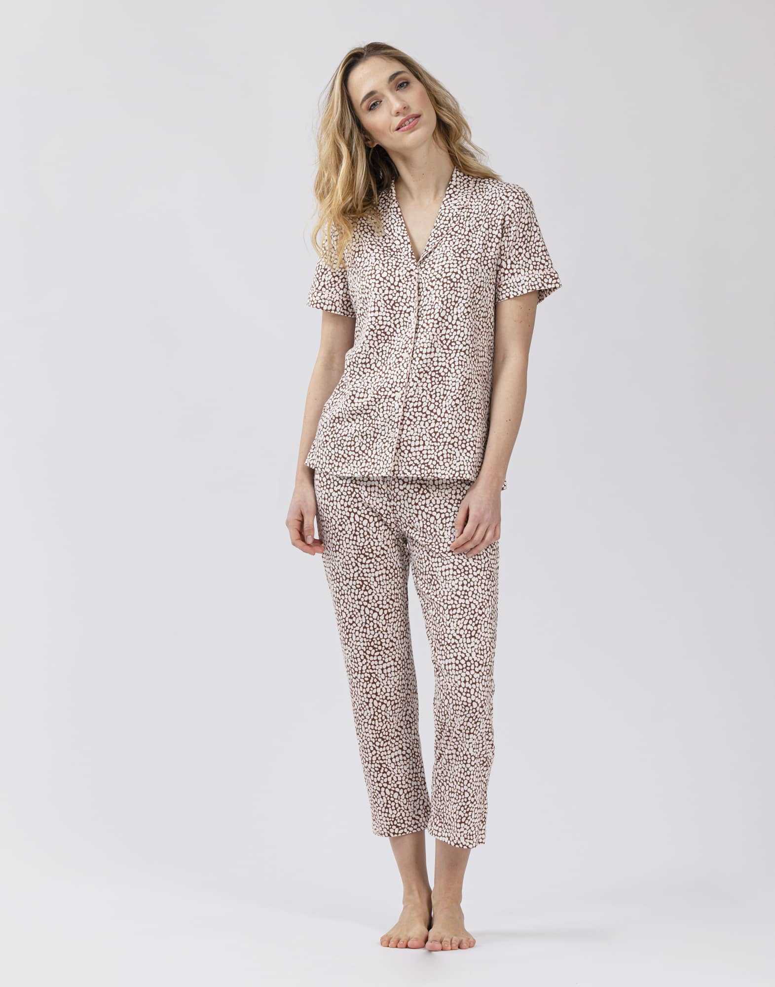 Patterned short pyjamas LOVIN'YOU 506 cotton-elastane, in chocolate and ecru