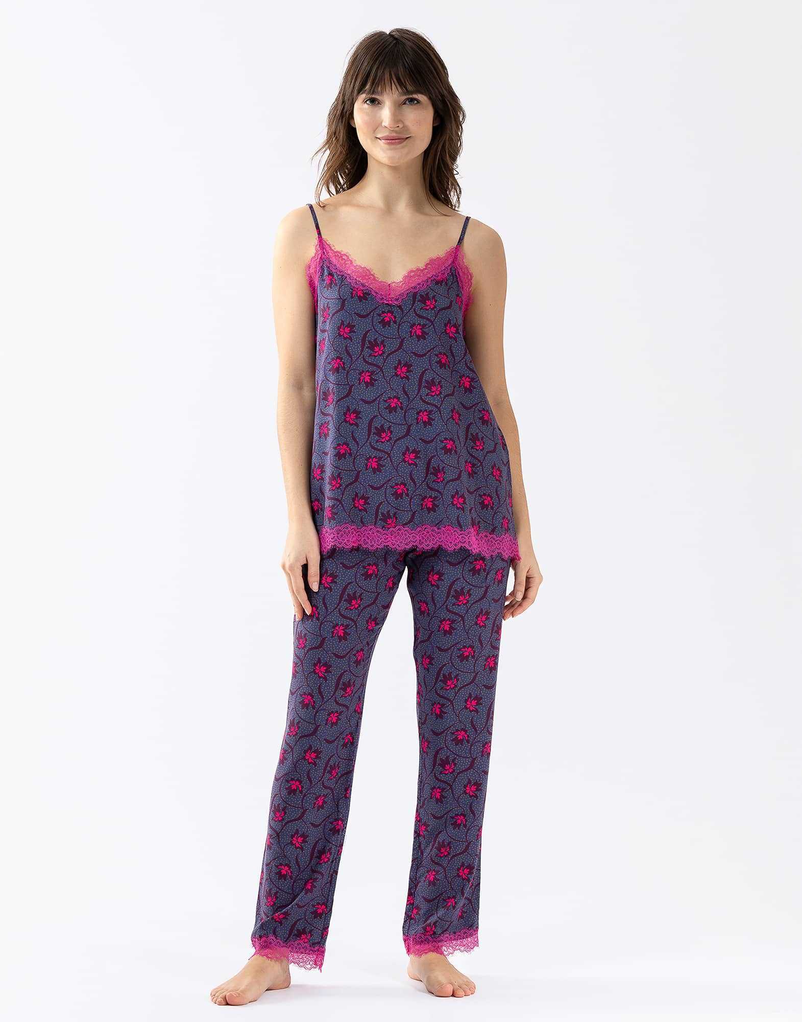 Pyjama Caraco Pantalon en viscose imprimée et  finitions dentelle ALBA 604 multico |Lingerie le Chat
