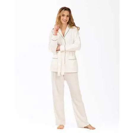 Buttoned pyjamas GABRIELLE 616 made from ecru microfleece and viscose jacquard | Lingerie le Chat
