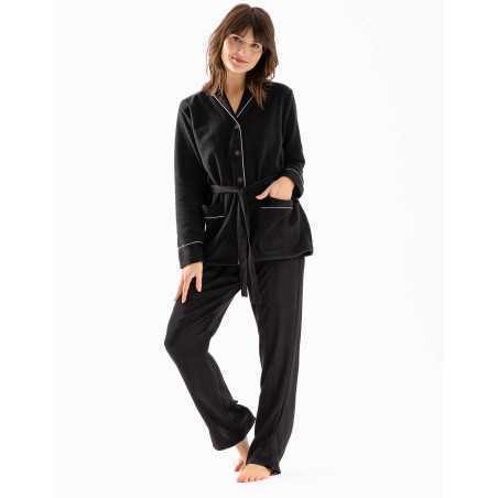 Pyjama boutonné GABRIELLE 616 en micropolaire et viscose jacquard noir | Lingerie le Chat
