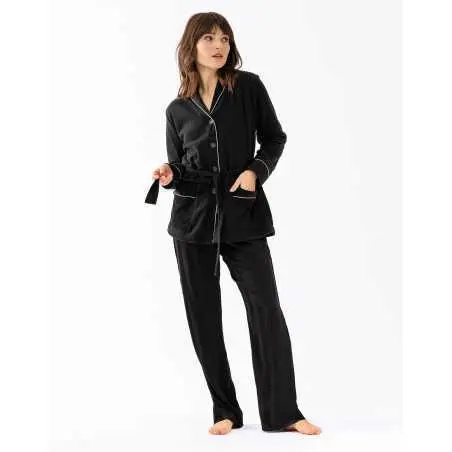 Buttoned pyjamas GABRIELLE 616 made from black microfleece and viscose jacquard| Lingerie le Chat