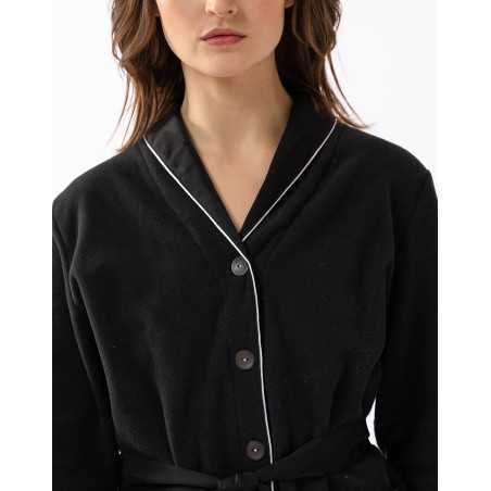 Pyjama boutonné GABRIELLE 616 en micropolaire et viscose jacquard noir | Lingerie le Chat
