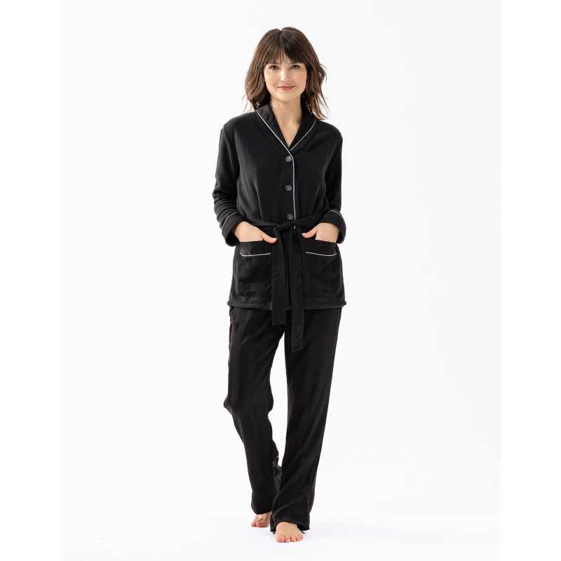 Pyjama boutonné GABRIELLE 616 en micropolaire et viscose jacquard noir | Lingerie le Chat Pyjama boutonné GABRIELLE 616 en micropolaire et viscose jacquard noir | Lingerie le Chat