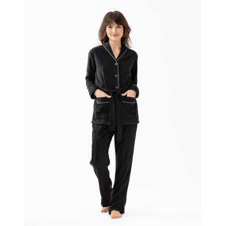 Pyjama boutonné GABRIELLE 616 en micropolaire et viscose jacquard noir | Lingerie le Chat