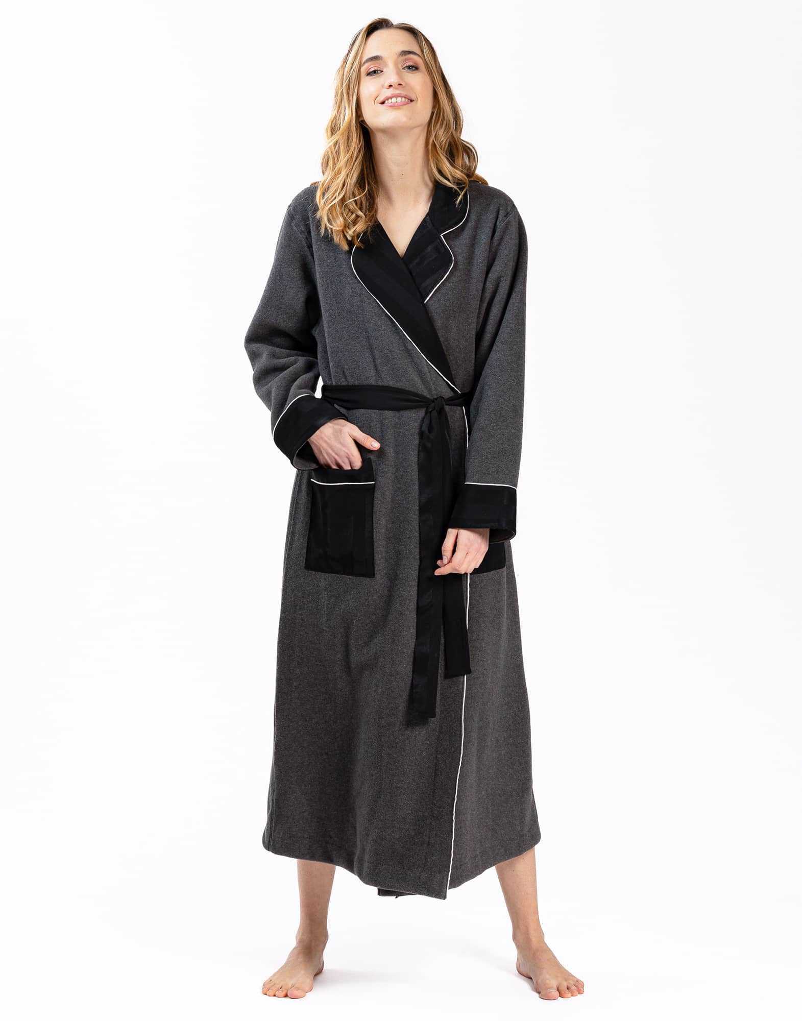 Microfleece and viscose jacquard dressing gown GABRIELLE 660 grey fleck | Lingerie le Chat