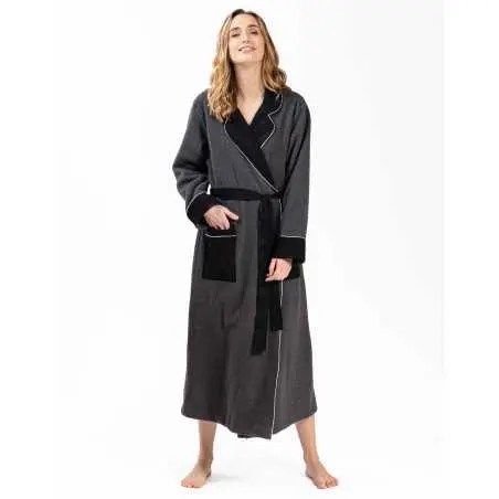 Microfleece and viscose jacquard dressing gown GABRIELLE 660 grey fleck | Lingerie le Chat