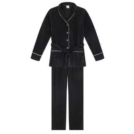 Buttoned pyjamas GABRIELLE 616 made from black microfleece and viscose jacquard| Lingerie le Chat