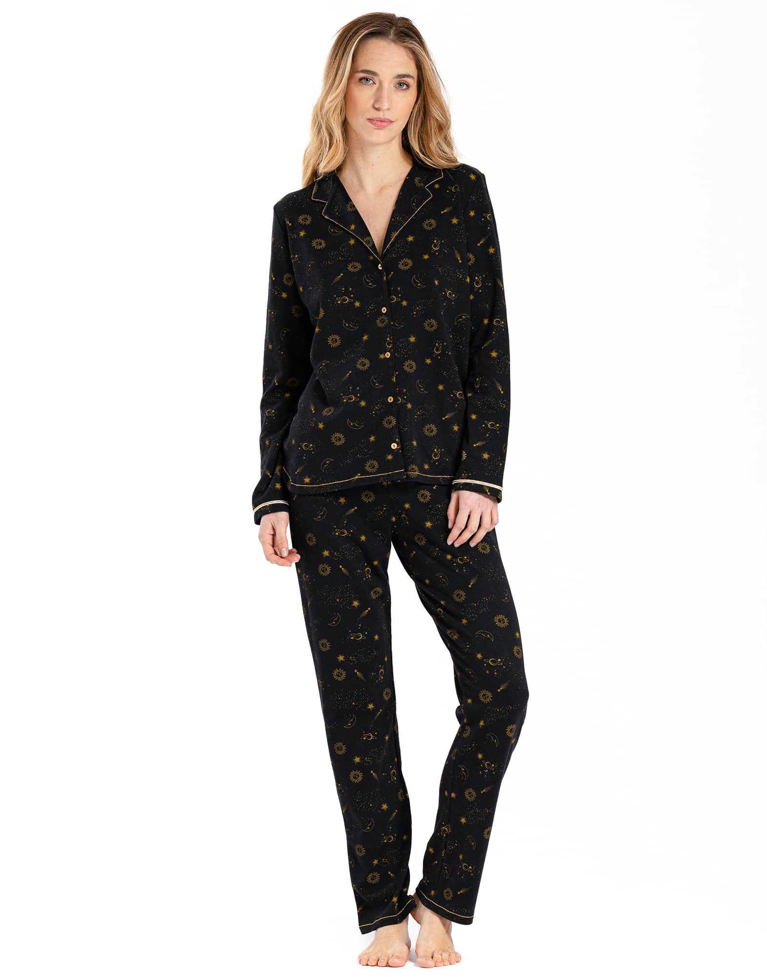 Pyjama boutonné CÉLESTE 606 en coton noir  | Lingerie le Chat
