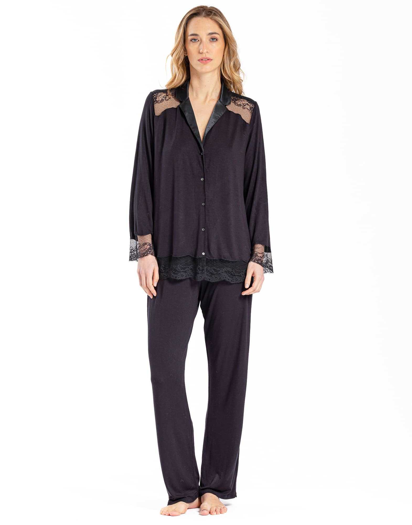 Pyjama boutonné en jersey et dentelle noir VIVIENNE 606 noir | Lingerie le Chat