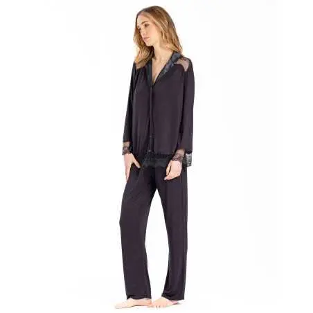 Buttoned pyjamas VIVIENNE 606 made from black viscose jacquard | Lingerie le Chat