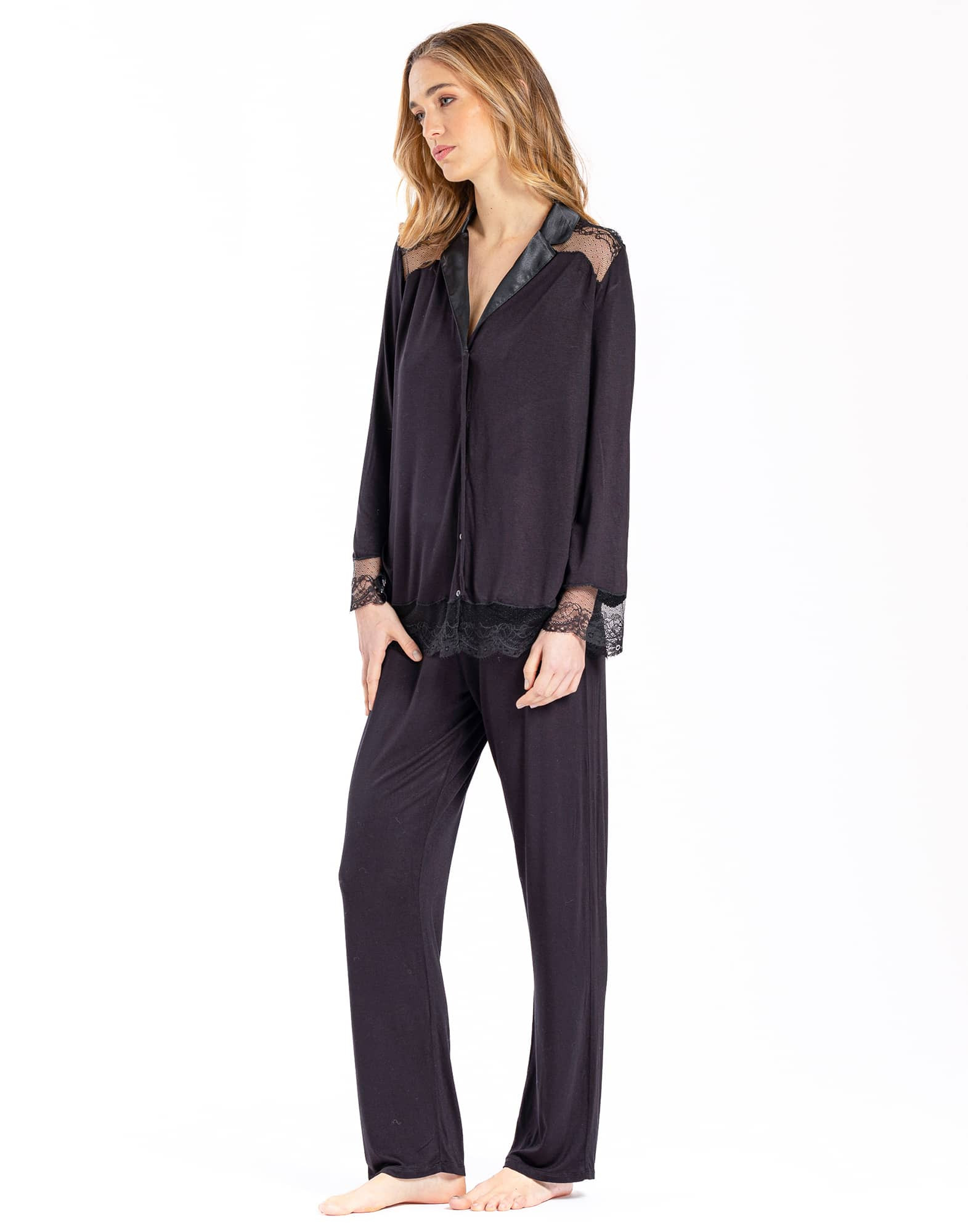 Pyjama boutonné en jersey et dentelle noir VIVIENNE 606 noir