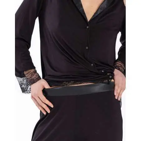 Buttoned pyjamas VIVIENNE 606 made from black viscose jacquard | Lingerie le Chat