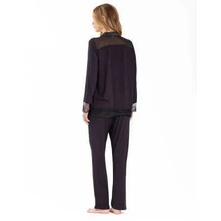 Pyjama boutonné en jersey et dentelle noir VIVIENNE 606 noir | Lingerie le Chat