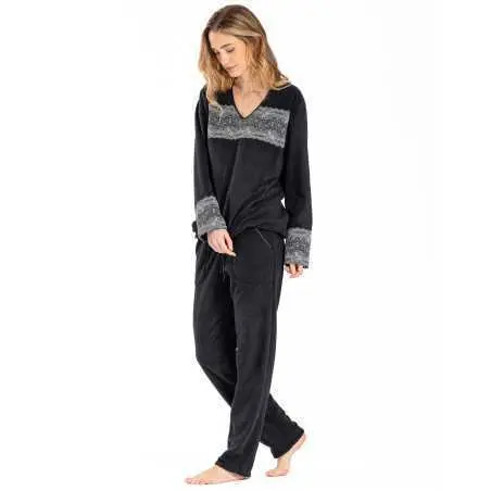Pyjama en micropolaire et finitions dentelle RITZ 612 noir  | Lingerie le Chat