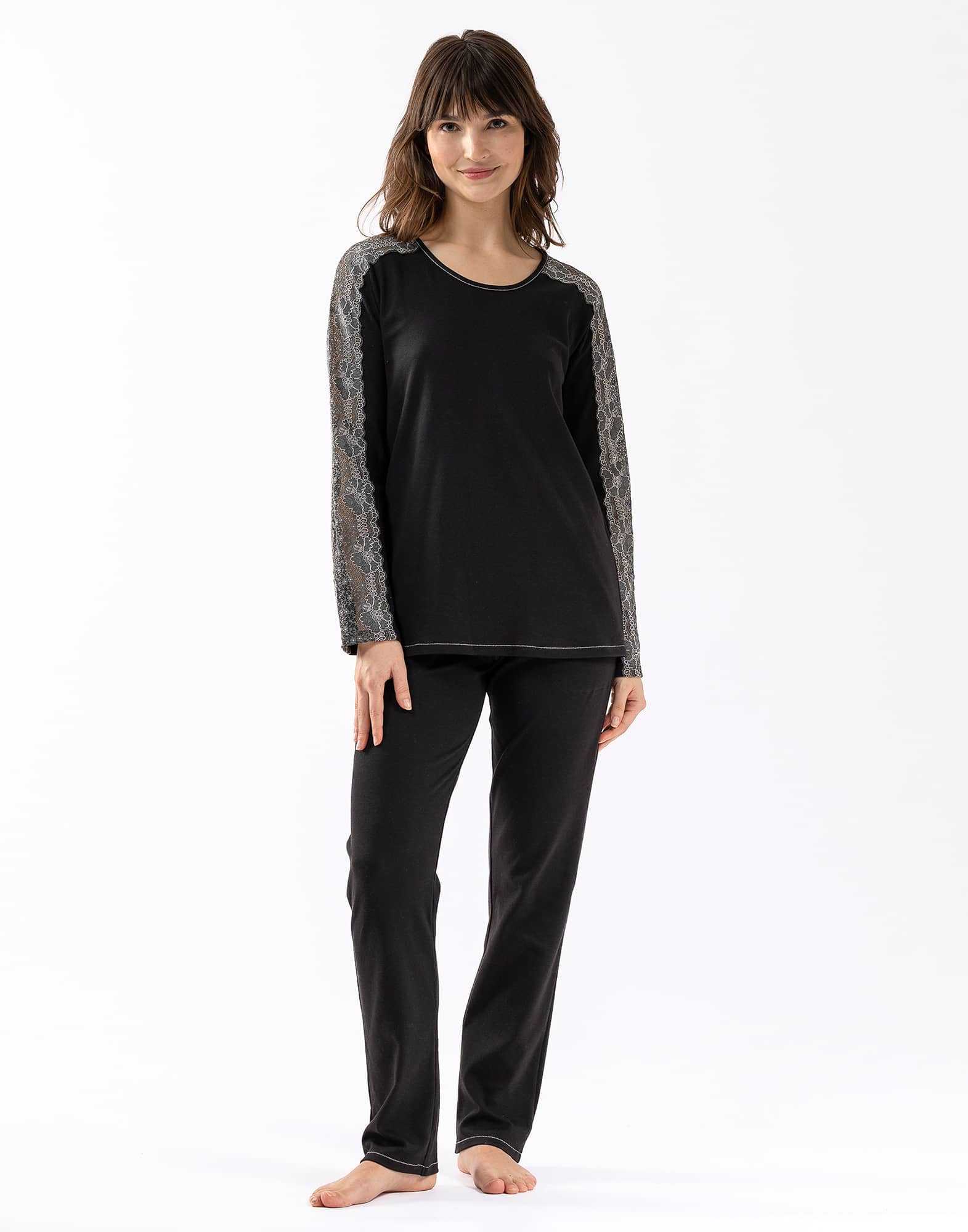 Pyjama en coton et finitions dentelle RITZ 602 noir  | Lingerie le Chat