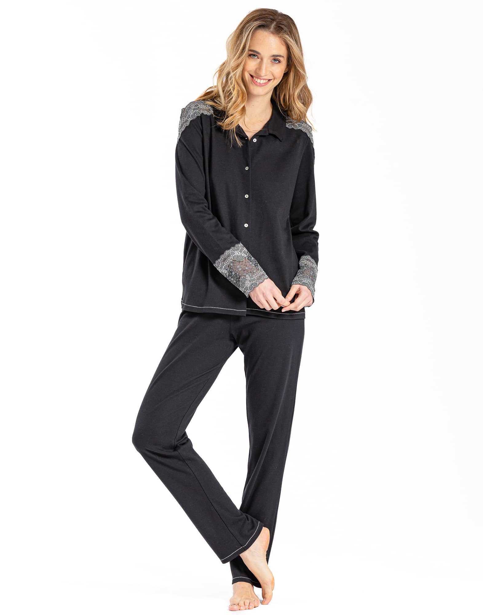 Pyjama boutonné 100% coton et finitions dentelle RITZ 606 noir  | Lingerie le Chat