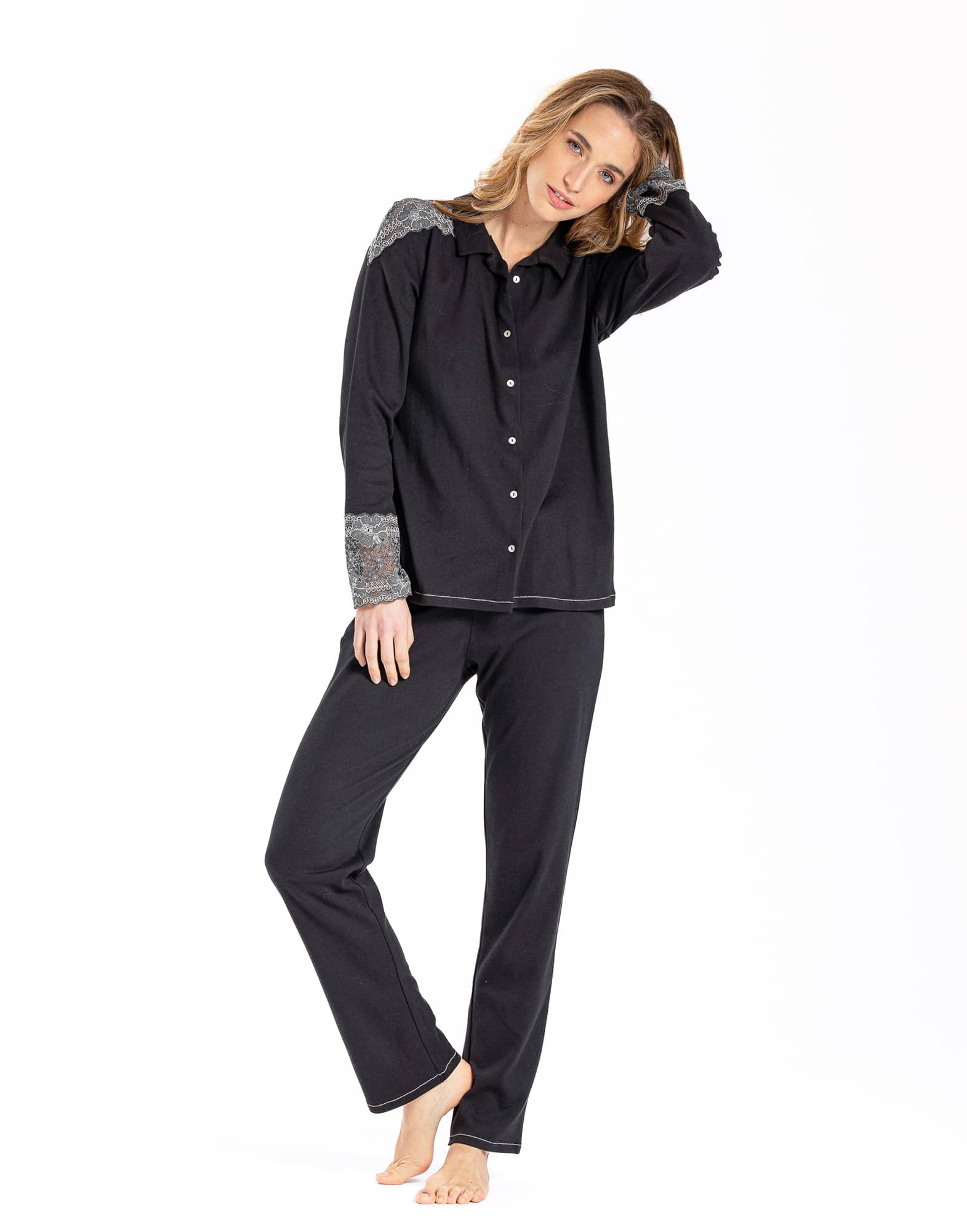 Pyjama boutonné 100% coton et finitions dentelle RITZ 606 noir