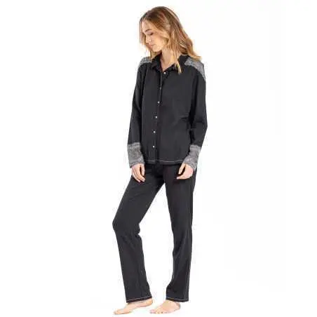 Pyjama boutonné 100% coton et finitions dentelle RITZ 606 noir  | Lingerie le Chat