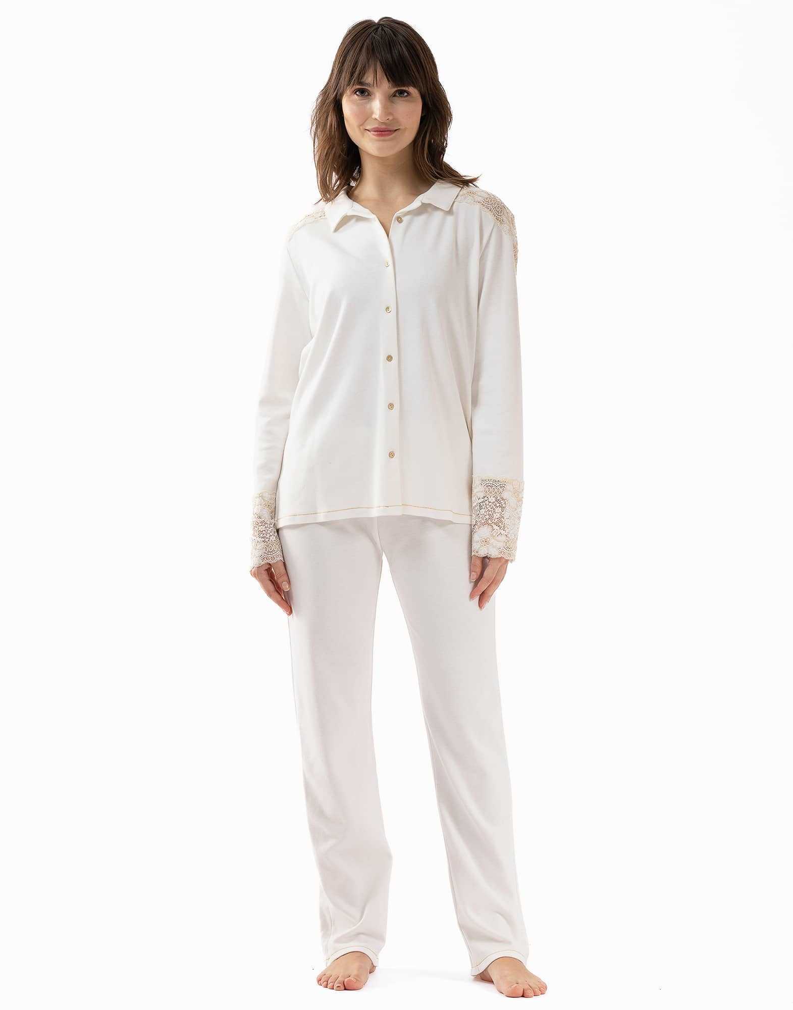 Pyjama boutonné 100% coton et finitions dentelle RITZ 606 écru  | Lingerie le Chat