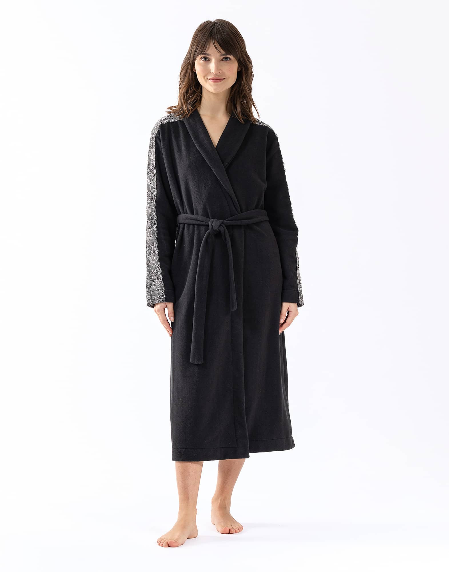 Chic Black Silk Long Dressing Gown, Wide Belt Night Robe Erminel.