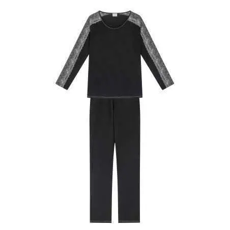 Pyjama en coton et finitions dentelle RITZ 602 noir  | Lingerie le Chat