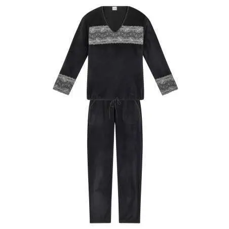 Pyjama en micropolaire et finitions dentelle RITZ 612 noir  | Lingerie le Chat