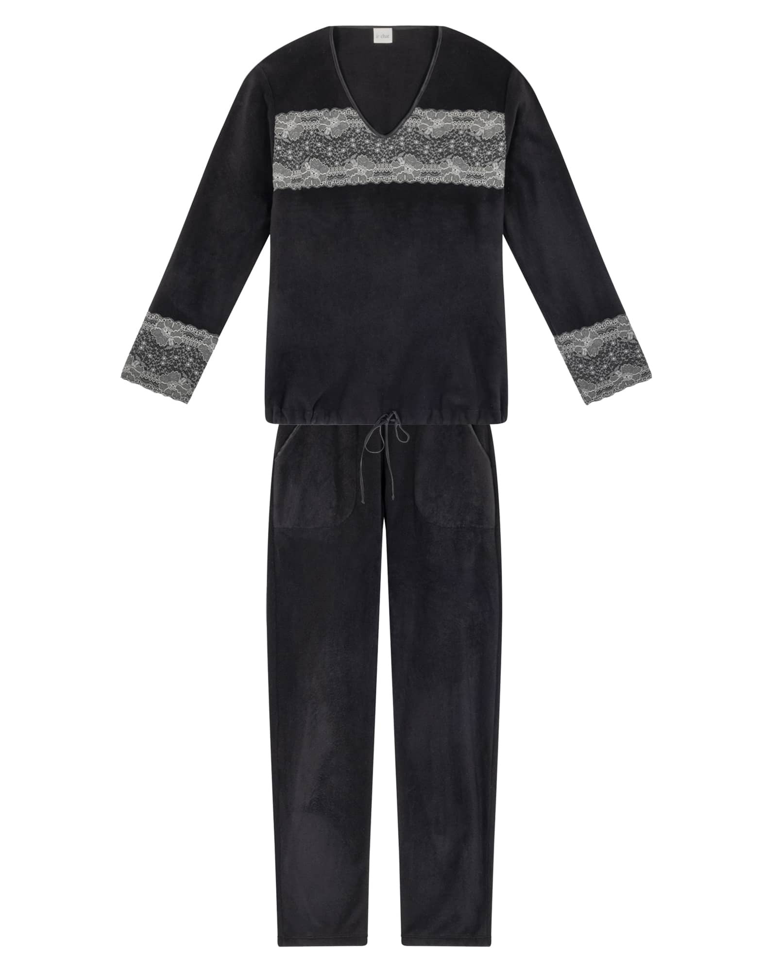 Pyjama deux pièces, pantalon satin noir en viscose