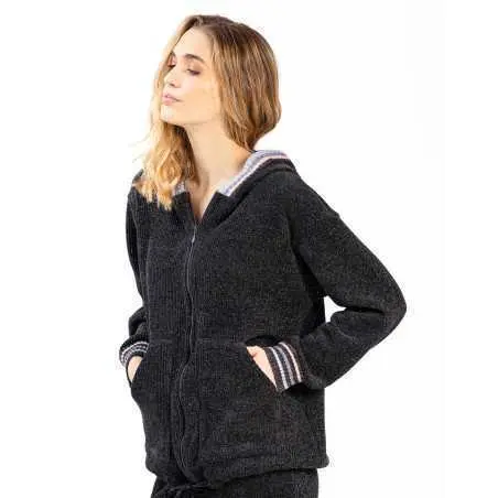 Zip-front hoodie in chenille knit with lurex ICONIC 670 black | Lingerie le Chat