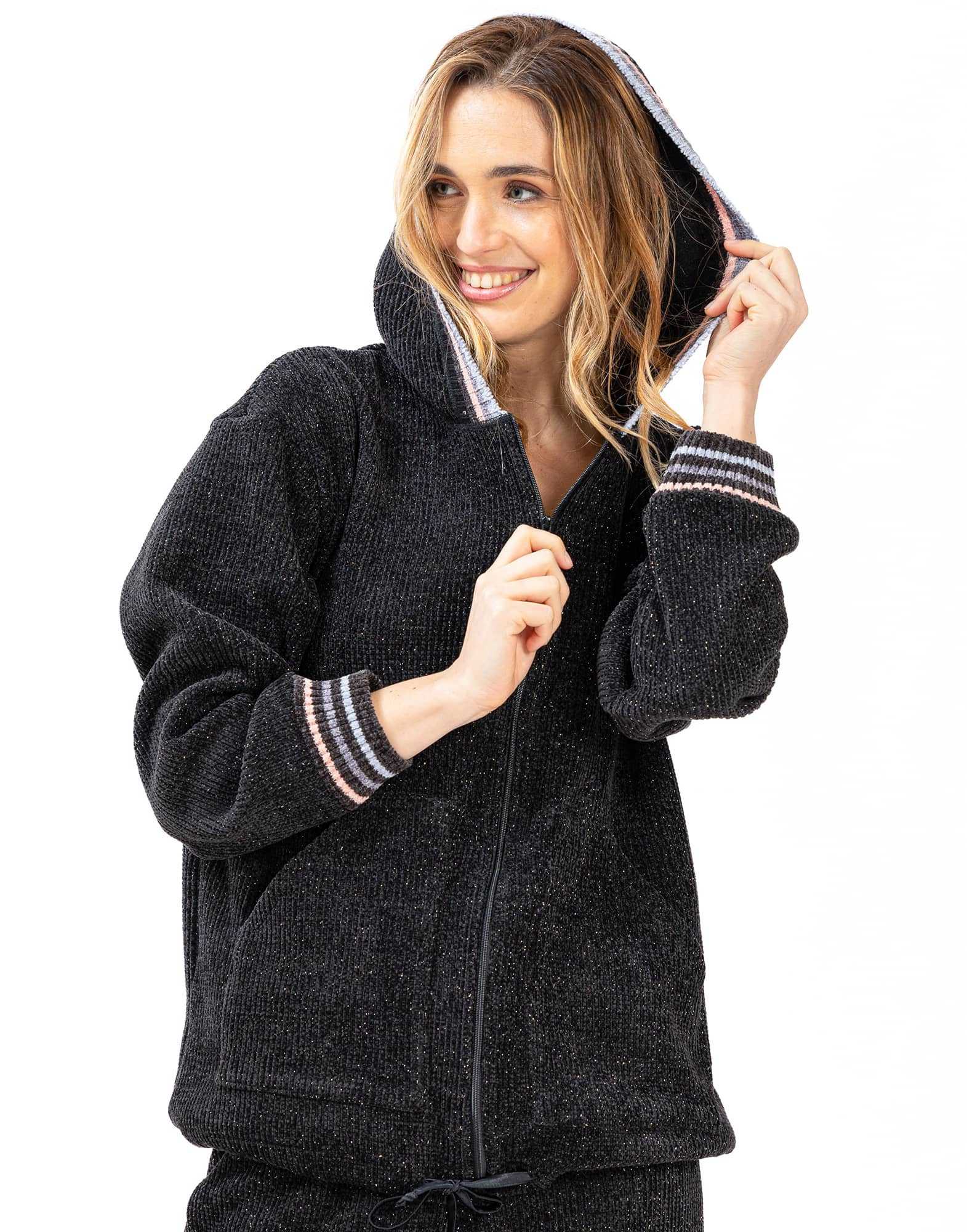 Zip-front hoodie in chenille knit with lurex ICONIC 670 black | Lingerie le Chat