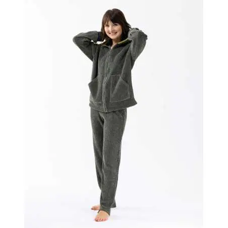 Zip-front hoodie in chenille knit with lurex ICONIC 670 moss-green | Lingerie le Chat