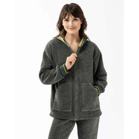 Zip-front hoodie in chenille knit with lurex ICONIC 670 moss-green | Lingerie le Chat