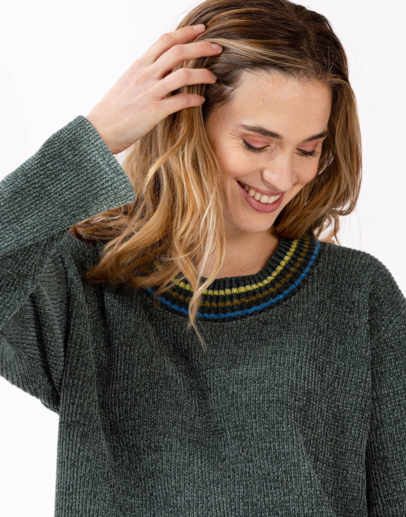 Knitted sweatshirt with lurex highlights ICONIC 630 moss-green