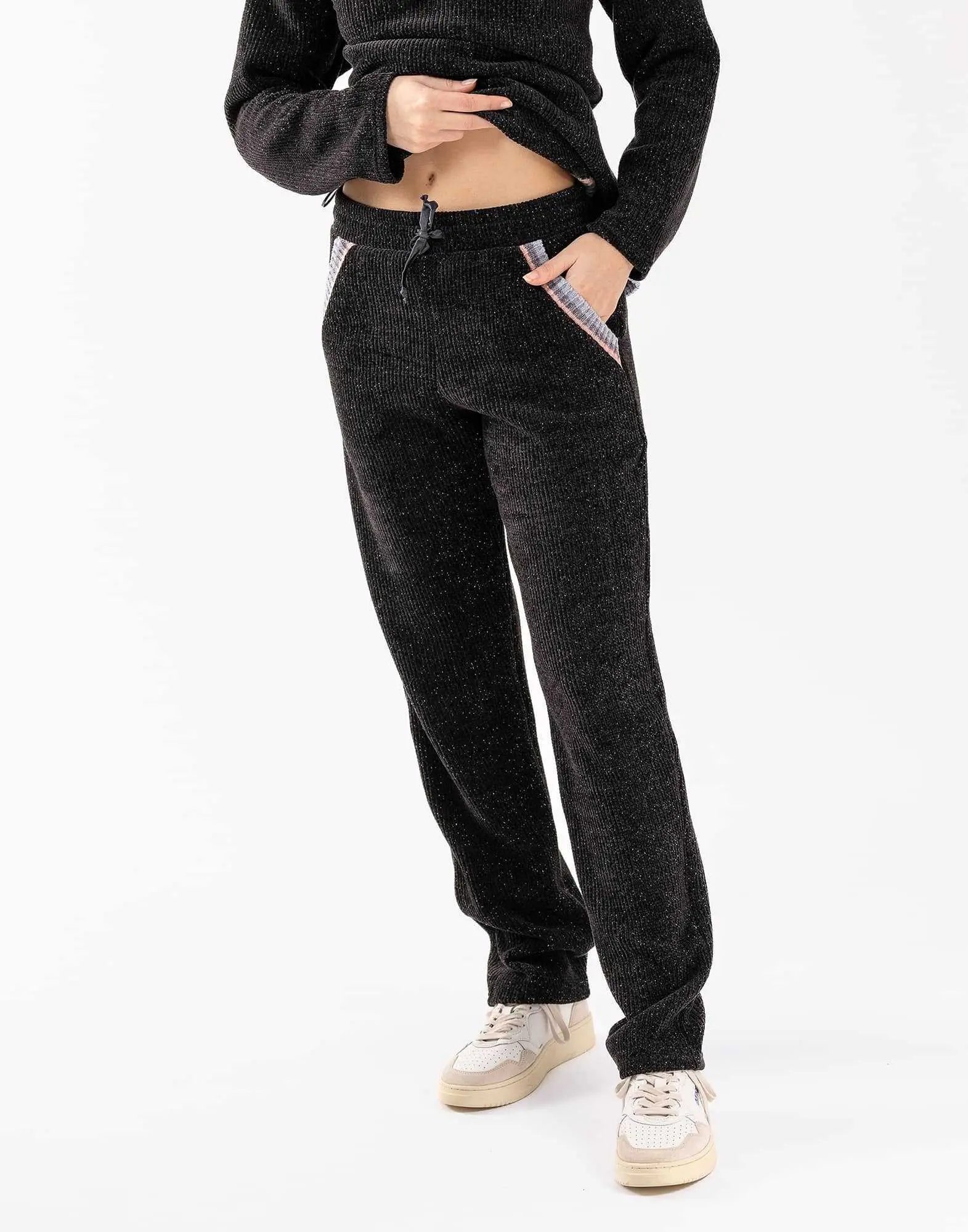 Jogger-style trousers in chenille knit with lurex ICONIC 680 noir | Lingerie le Chat