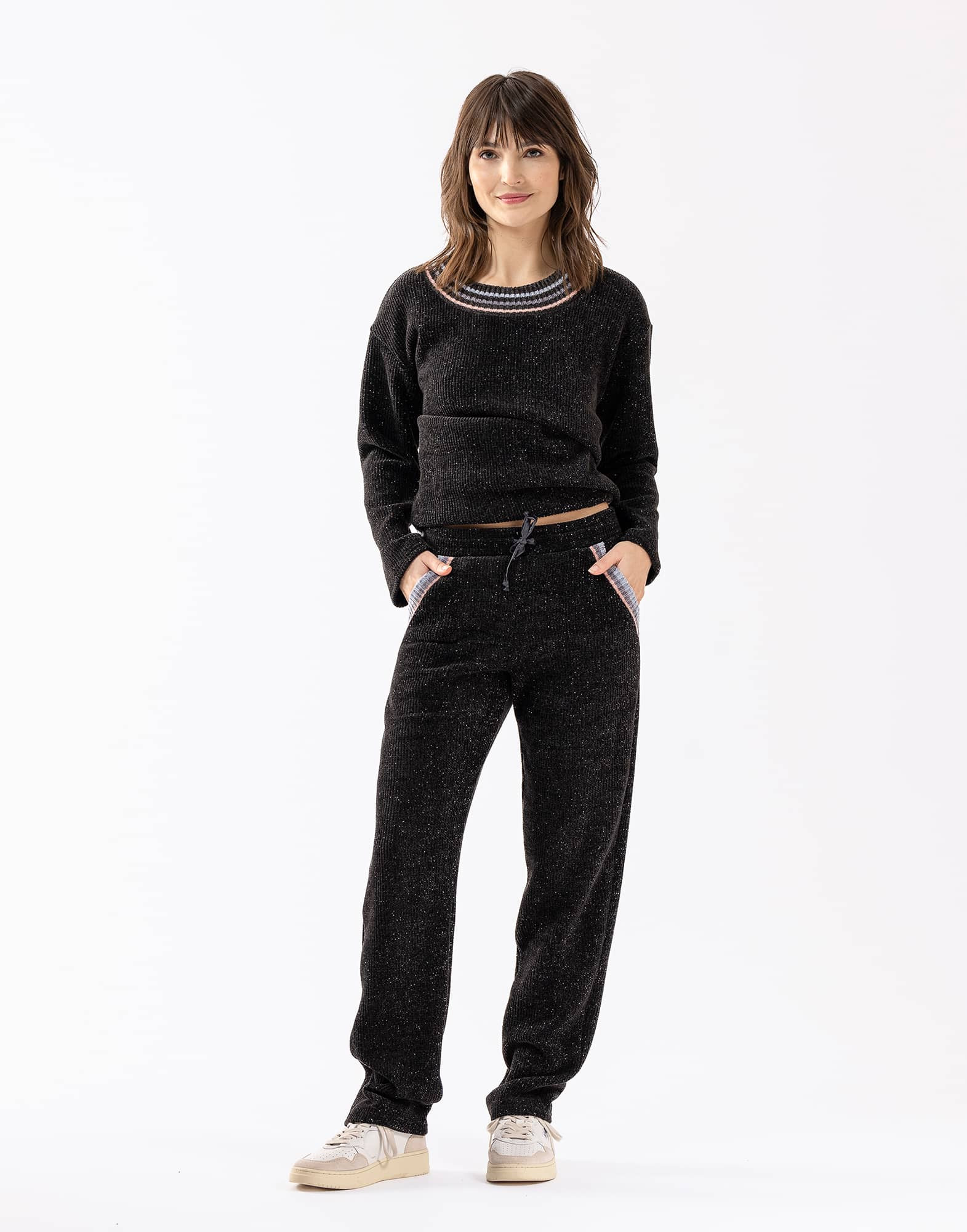 Jogger-style trousers in chenille knit with lurex ICONIC 680 noir