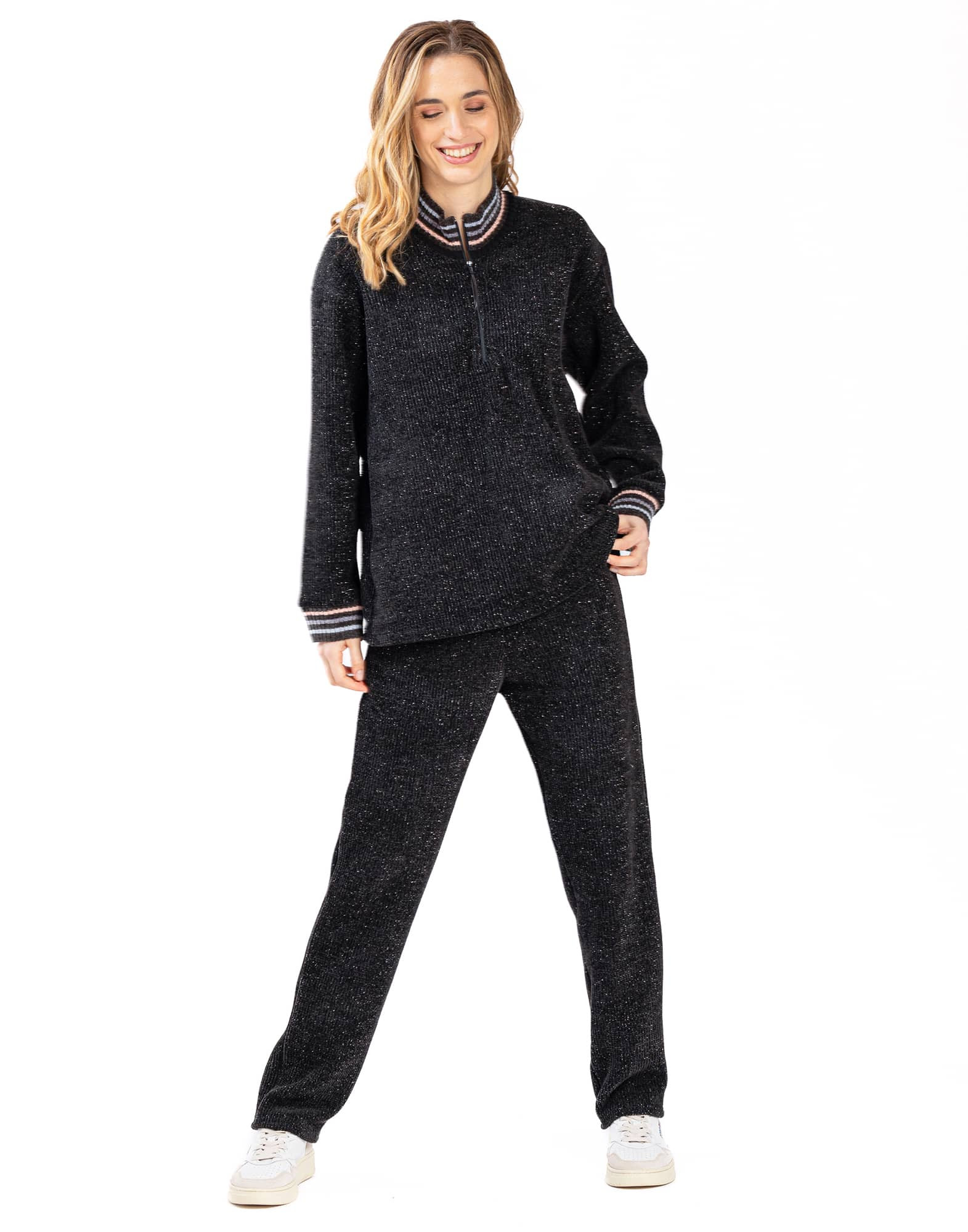 Jogging en maille tricot chenille lurex ICONIC 602 noir