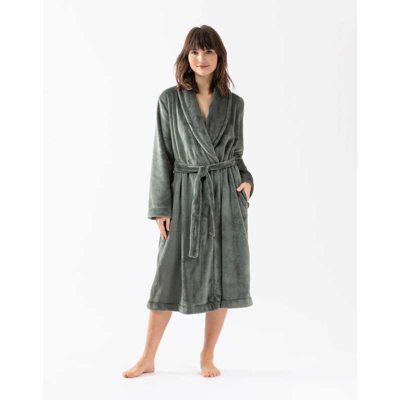 Plush flannel twill bathrobe ESSENTIEL 661 in moss green | Lingerie le Chat