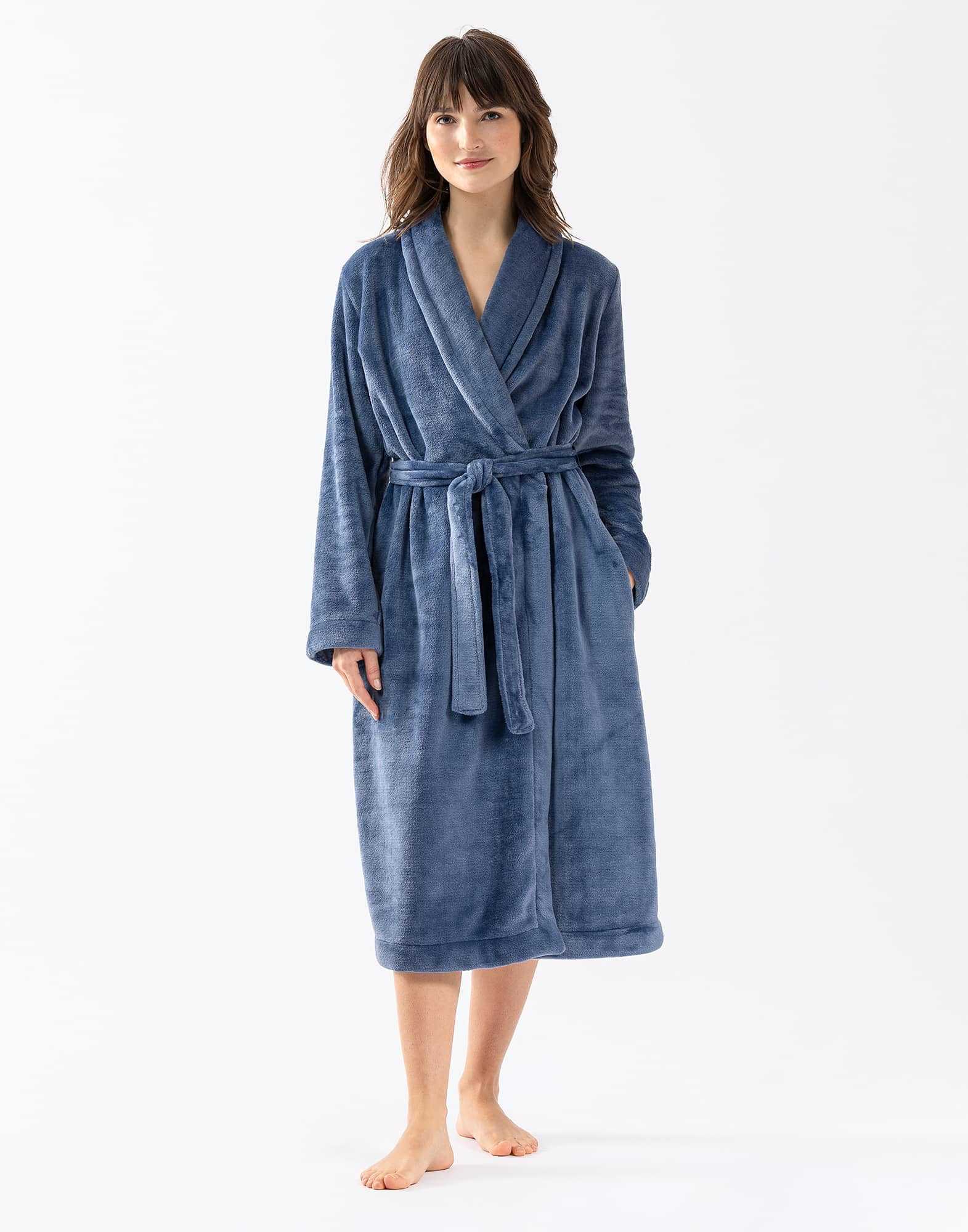 Plush flannel twill bathrobe ESSENTIEL 661 in prussian blue | Lingerie le Chat