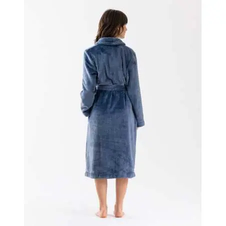 Plush flannel twill bathrobe ESSENTIEL 661 in prussian blue | Lingerie le Chat