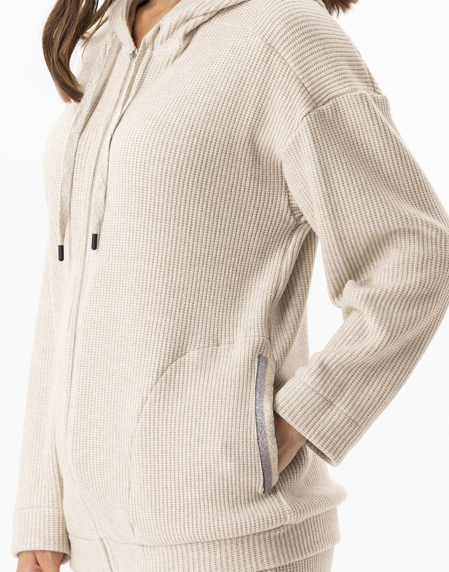 Zip-front hoodie in lurex knit FRILEUSE 670 beige