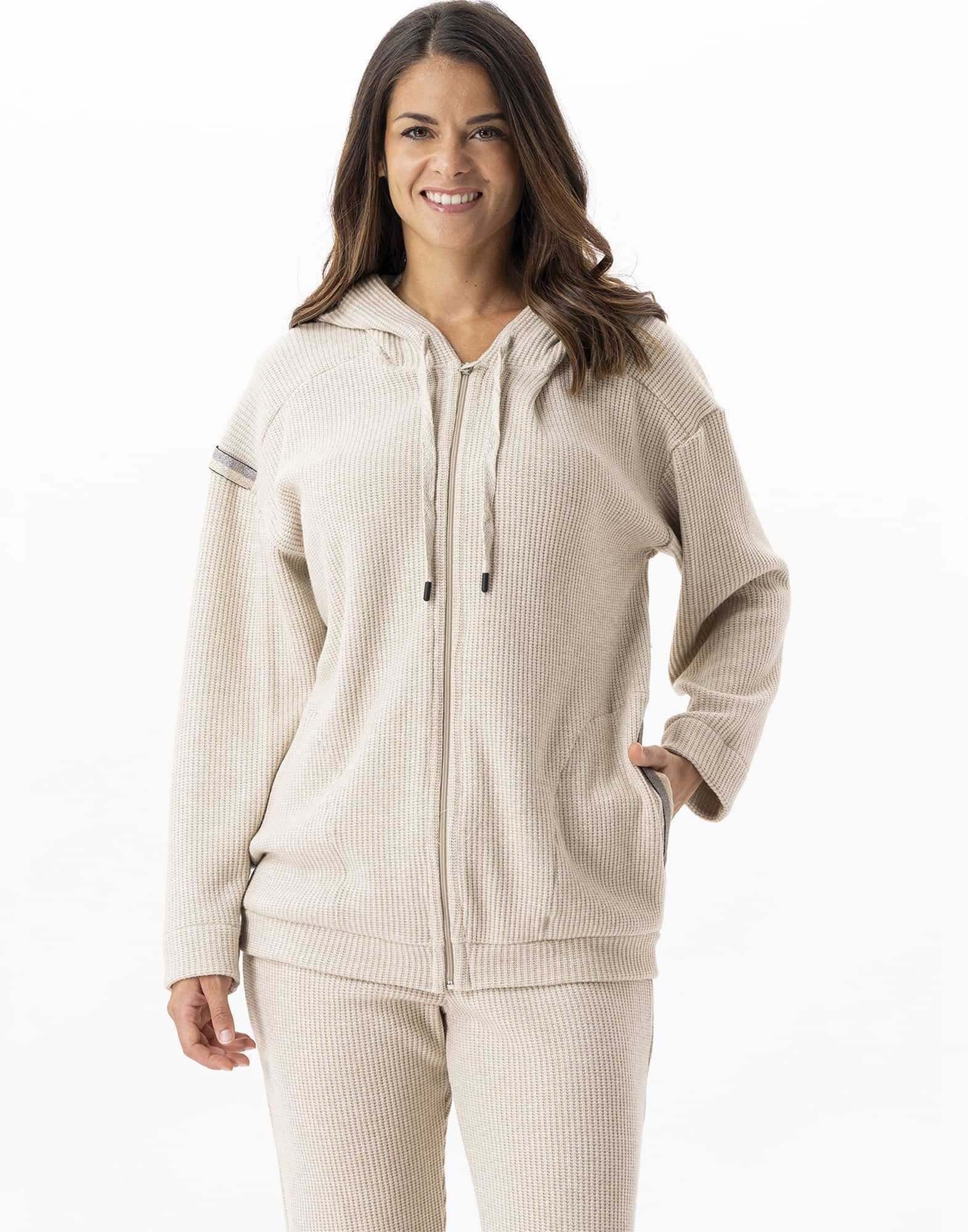 Zip-front hoodie in lurex knit FRILEUSE 670 beige | Lingerie le Chat