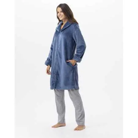Plush flannel bathrobe ESSENTIEL 656 prussian blue | Lingerie le Chat